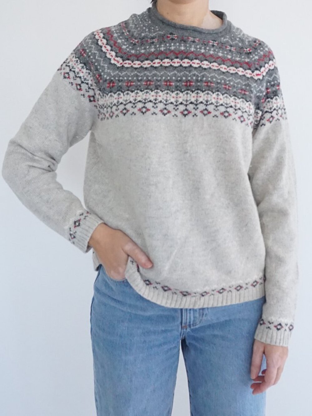 Vintage Northern Reflections Grey Fair Isle Knit Sweater Red White Nordic Wool L